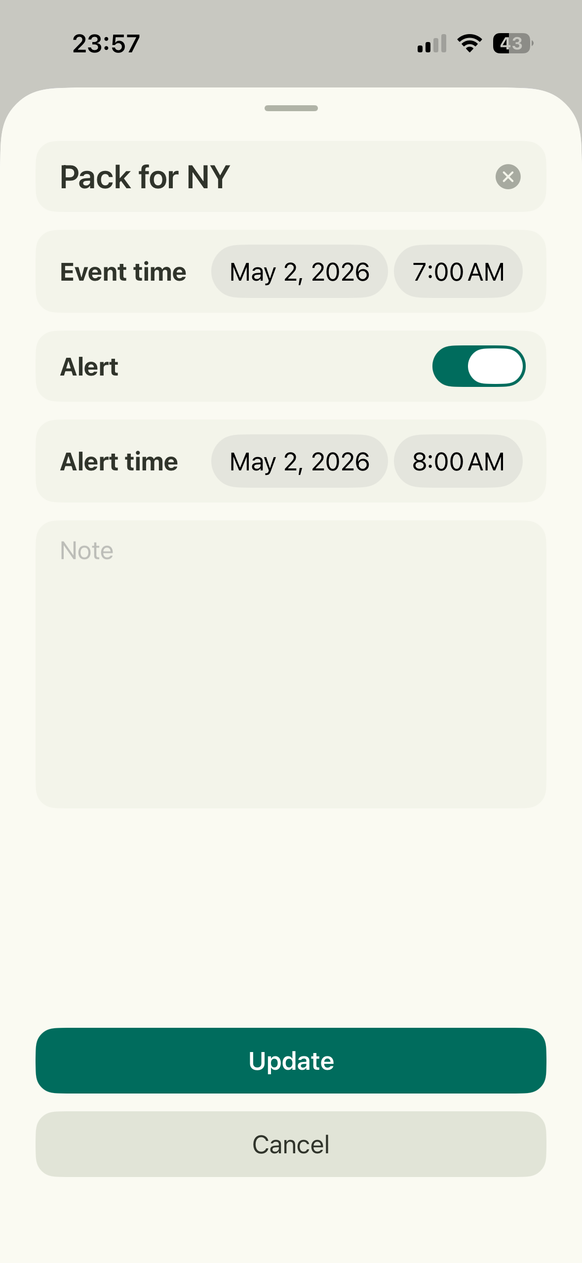 Alert setup screen