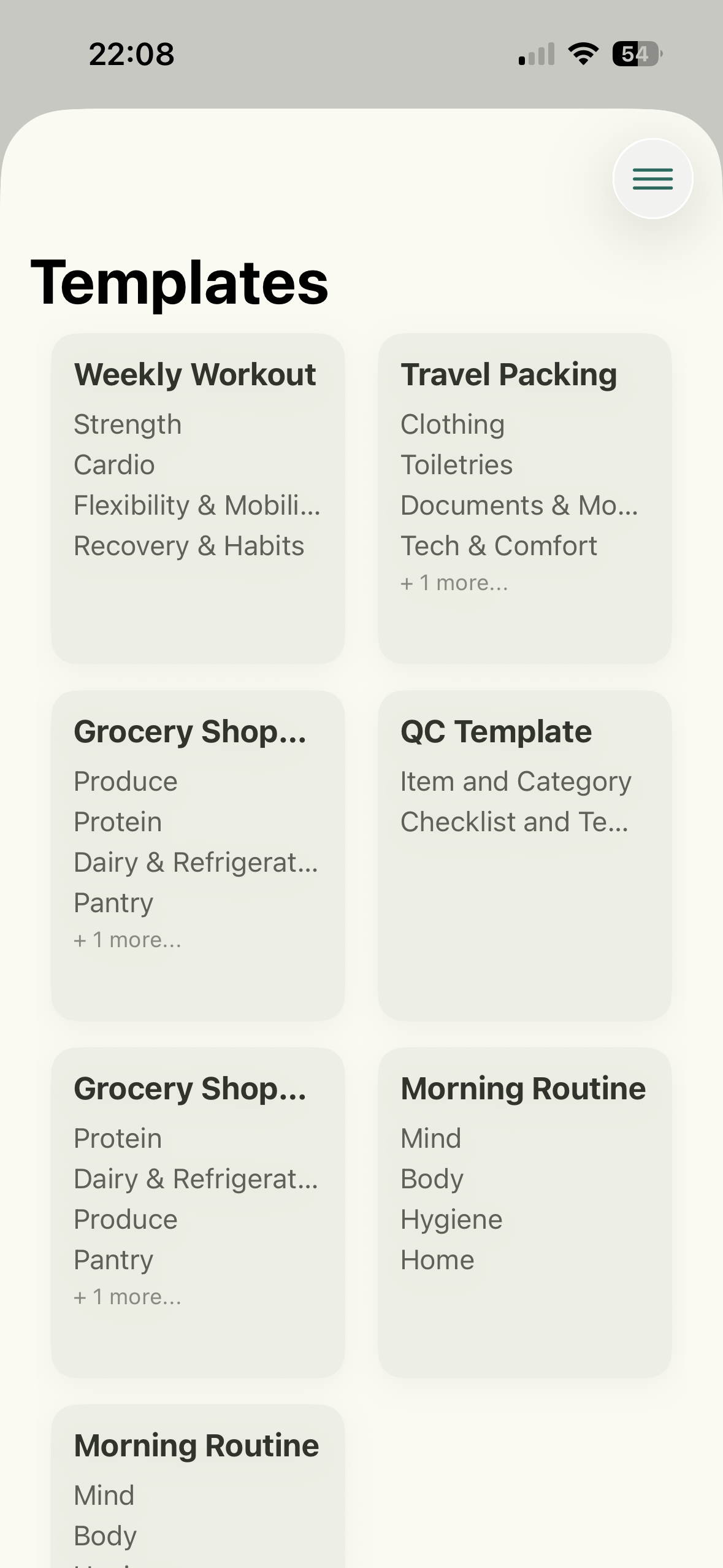 Wholistic template list